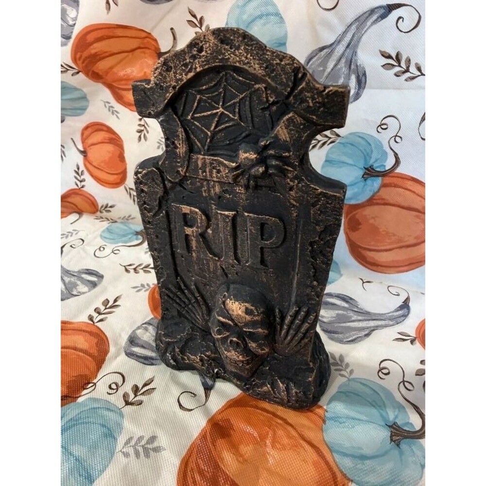 Black Gold Skull Spider Web RIP Tombstone Figurine 6 Inch